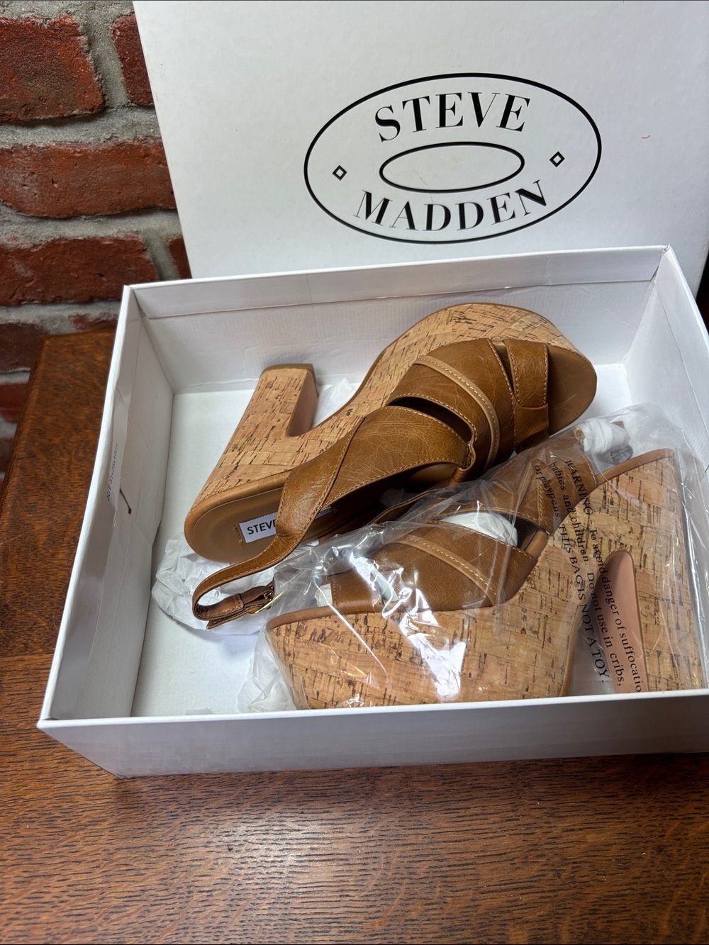 Steve Madden Brown Cork Platform Wedge Sandals 5 1/2 inch platform leather